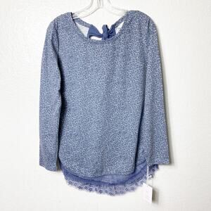 LC Lauren Conrad Blue Floral Lace Trim Long Sleeve Women Size Small Polyester